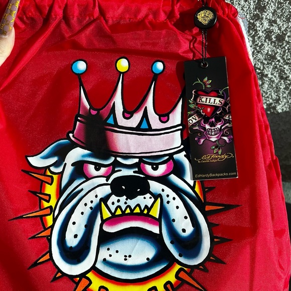 ꧁ NWT Rare VTG Red Ed Hardy Misha Bulldog Drawstring Bag ꧂ - Picture 2 of 6
